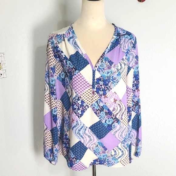 Pleione Tops - Pleione Multicolor Shades of Blue & Purple Patchwork Blouse, Size Large